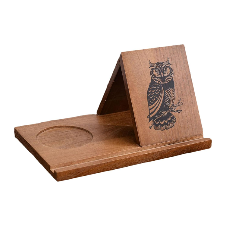 Wooden bookshelf with spill-proof coffee cup holder