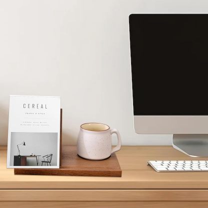 Wooden bookshelf with spill-proof coffee cup holder