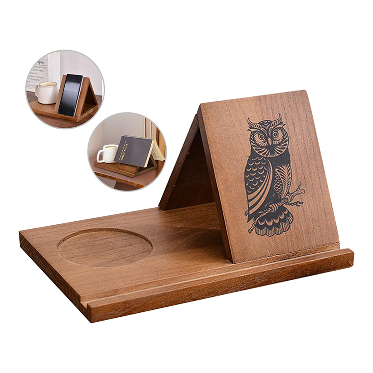 Wooden bookshelf with spill-proof coffee cup holder