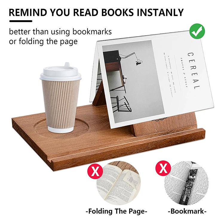 Wooden bookshelf with spill-proof coffee cup holder