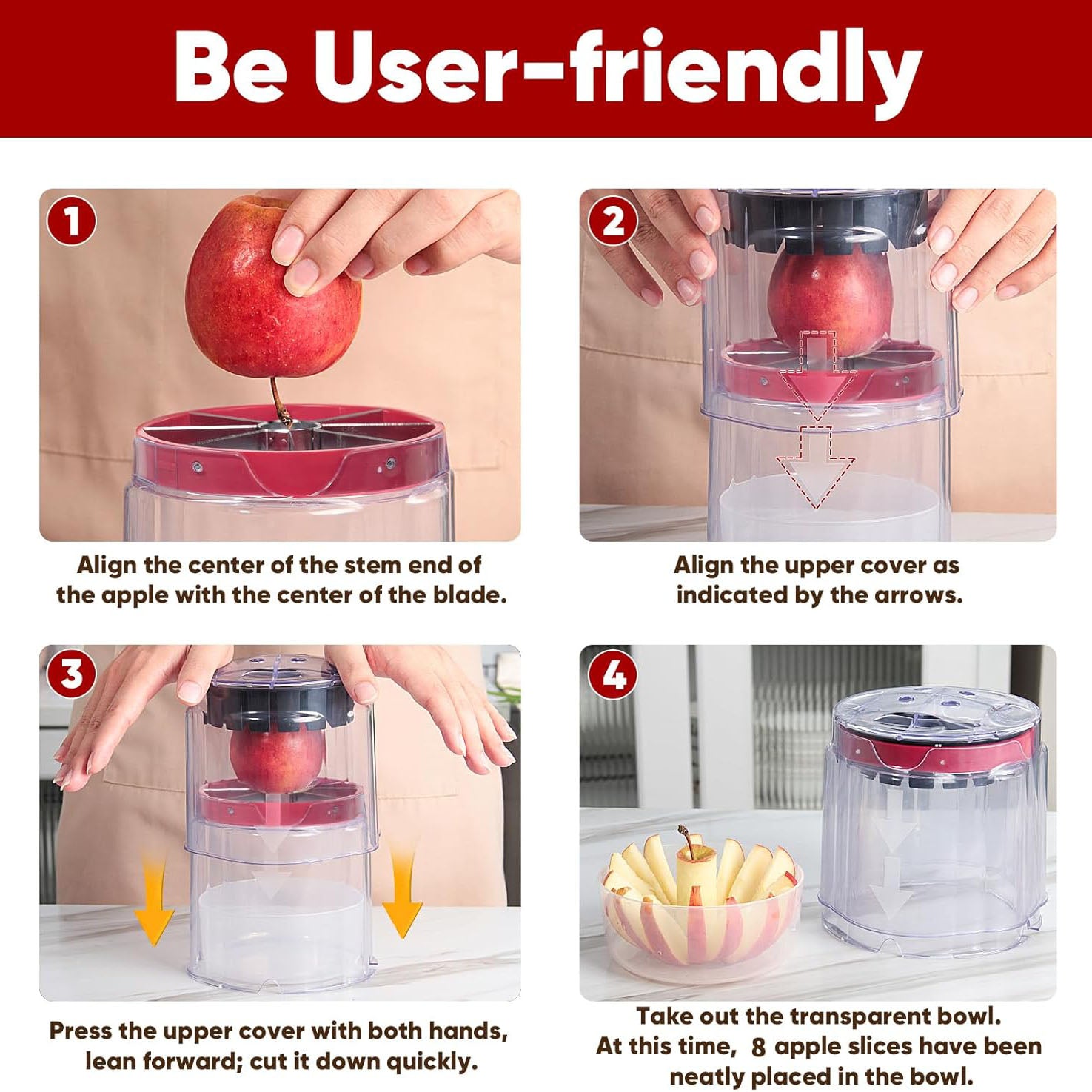 Jumbo Apple Slicer & Corer – 8-Blade Heavy Duty Stainless Steel Apple Cutter, Safely Divide Apples, Pears & More with Clear Catch Bowl