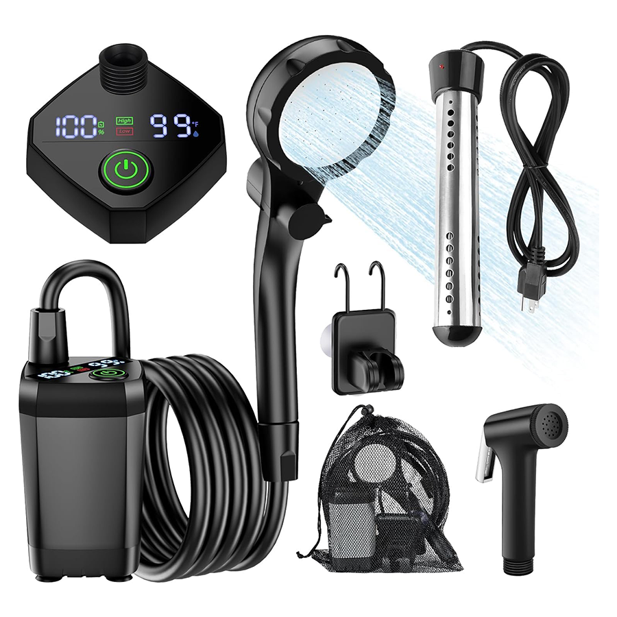 Portable camping shower with heating function