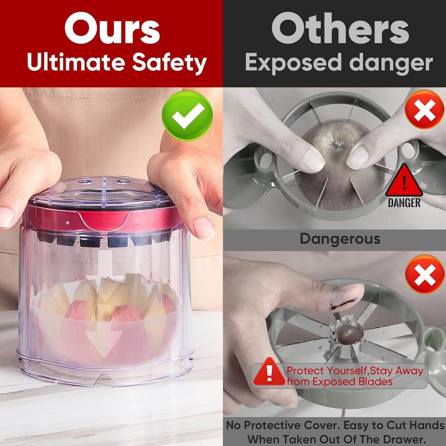 Jumbo Apple Slicer & Corer – 8-Blade Heavy Duty Stainless Steel Apple Cutter, Safely Divide Apples, Pears & More with Clear Catch Bowl