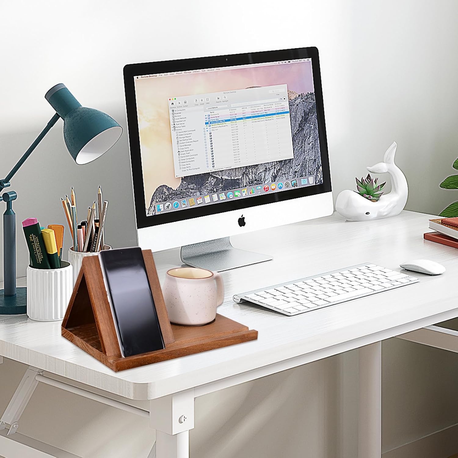 Wooden bookshelf with spill-proof coffee cup holder