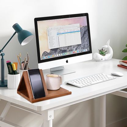 Wooden bookshelf with spill-proof coffee cup holder
