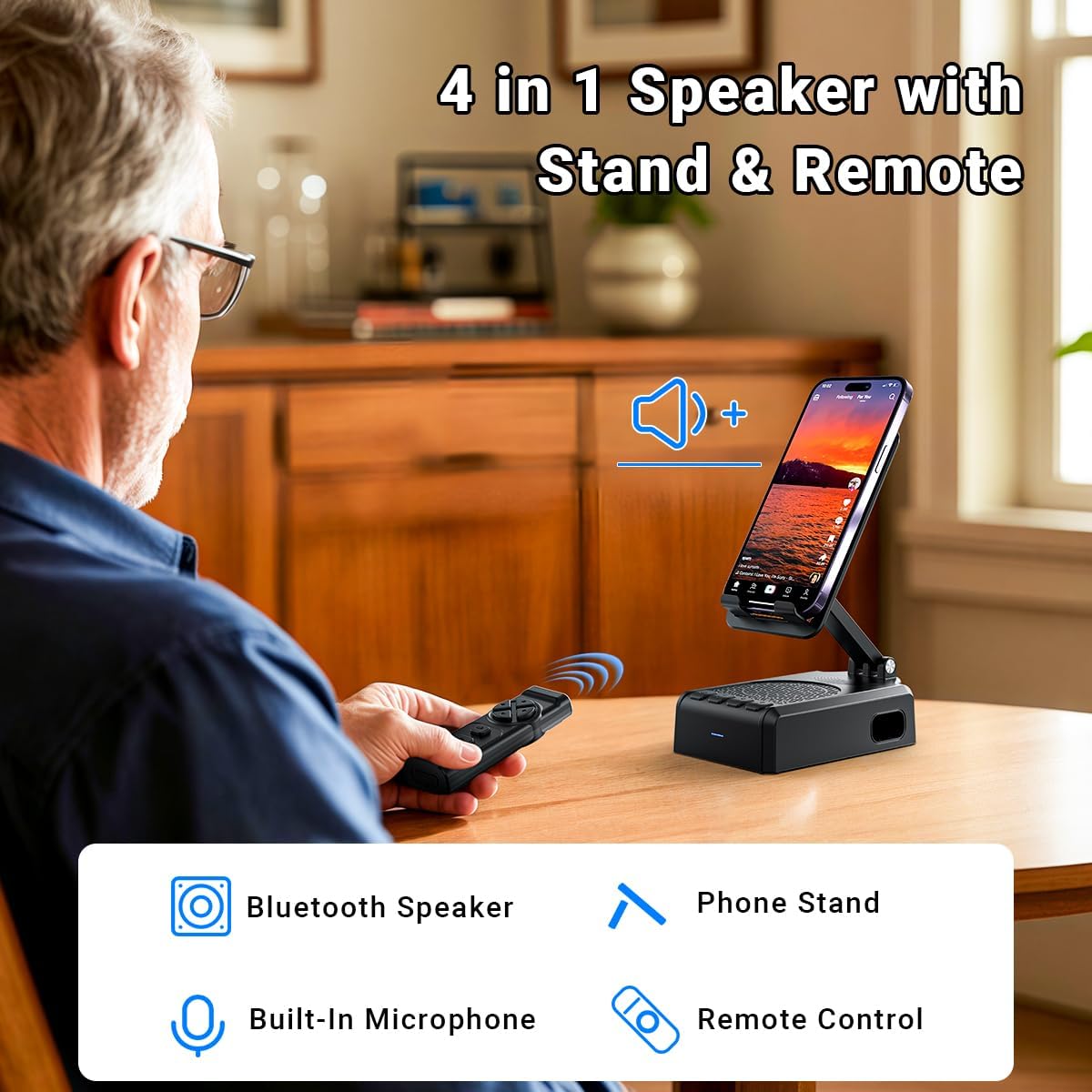 Bluetooth Speaker with Video Scrolling Remote & Phone Stand