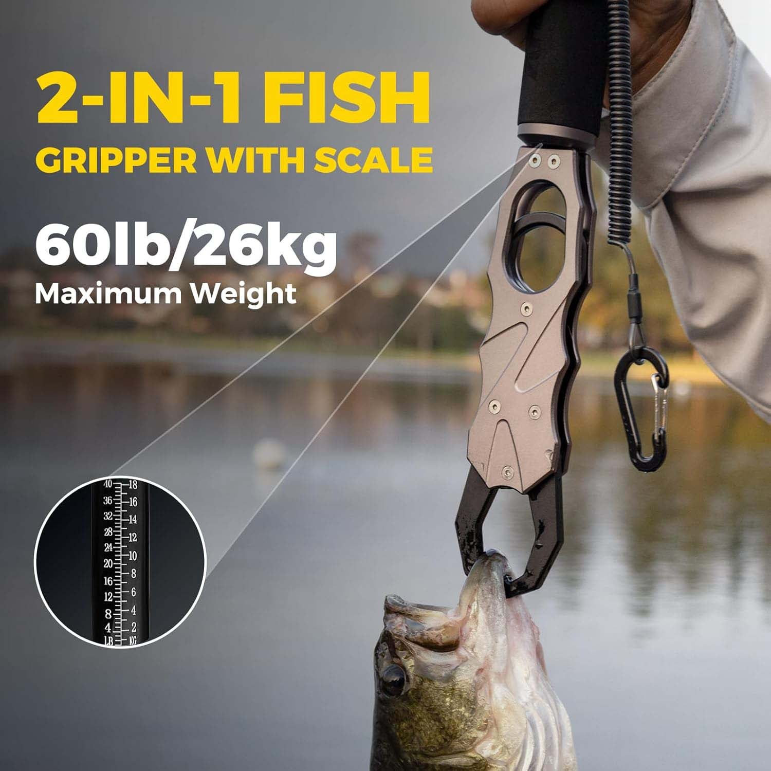 Two-in-one fish lip clip, single-finger operation aluminum alloy fish clip with scale.