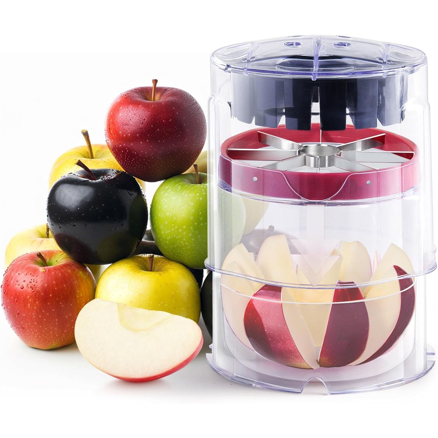 Jumbo Apple Slicer & Corer – 8-Blade Heavy Duty Stainless Steel Apple Cutter, Safely Divide Apples, Pears & More with Clear Catch Bowl