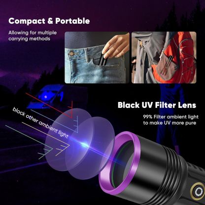 Multifunctional 30W 365nm UV flashlight, USB rechargeable, high-power blacklight flashlight
