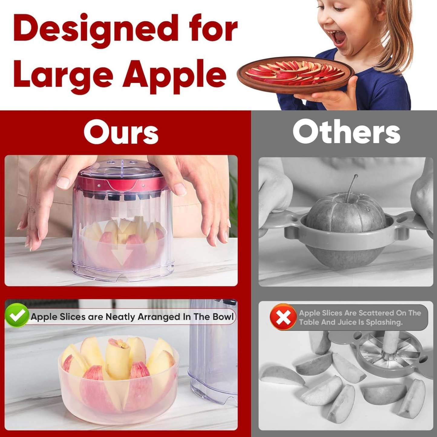 Jumbo Apple Slicer & Corer – 8-Blade Heavy Duty Stainless Steel Apple Cutter, Safely Divide Apples, Pears & More with Clear Catch Bowl