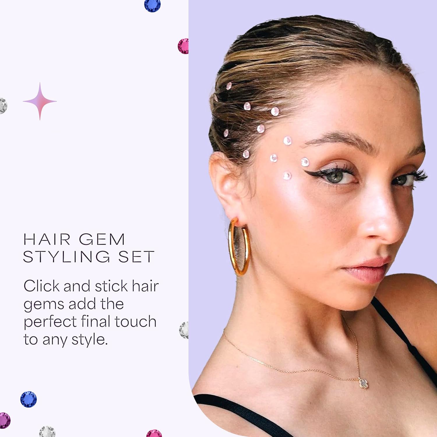 Girls Hair Gems Pen Set – 240 Stick-On Hair Rhinestones with Stamp Tool