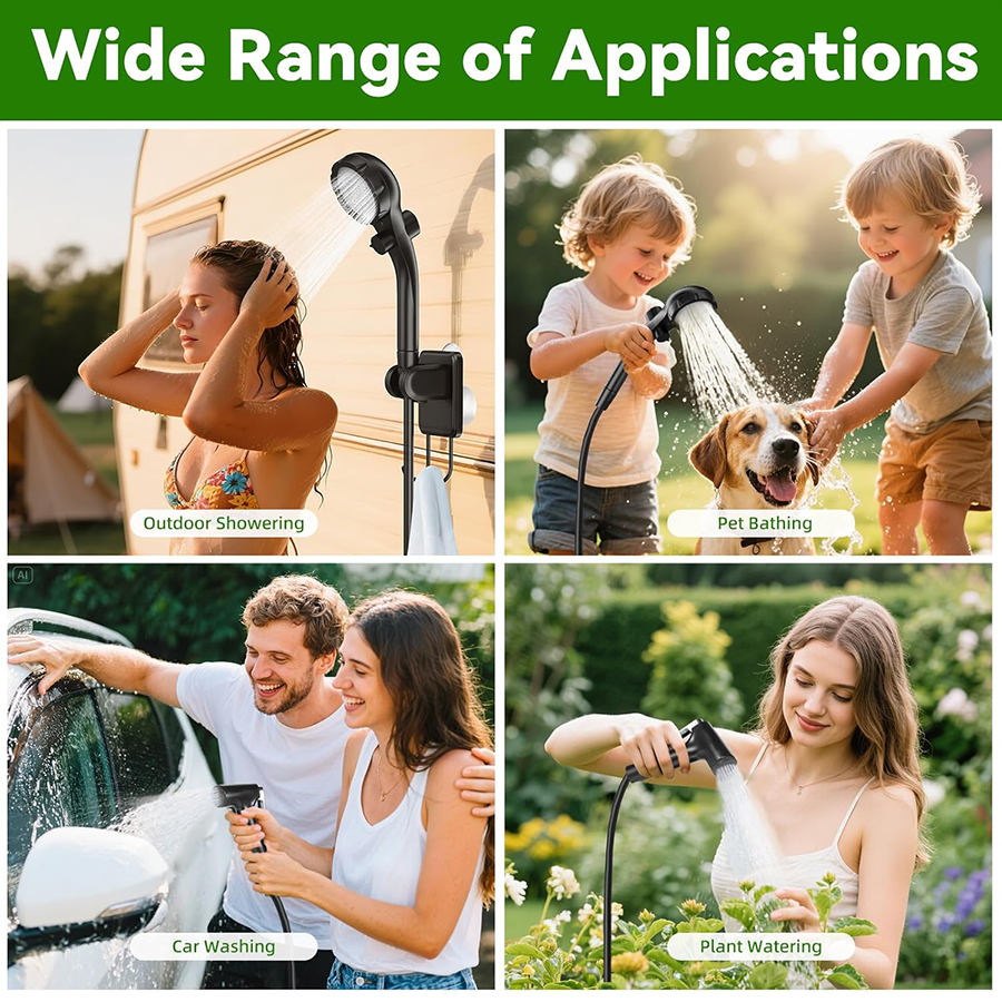 Portable camping shower with heating function
