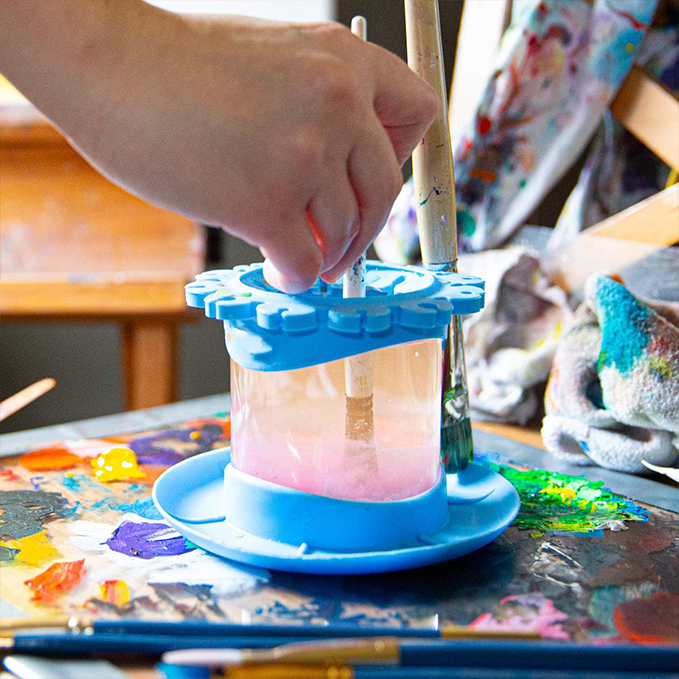 Spill-proof paint cups and brush cleaners