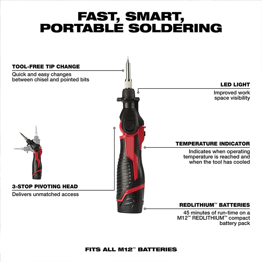 Cordless soldering iron, heats up quickly in 18 seconds