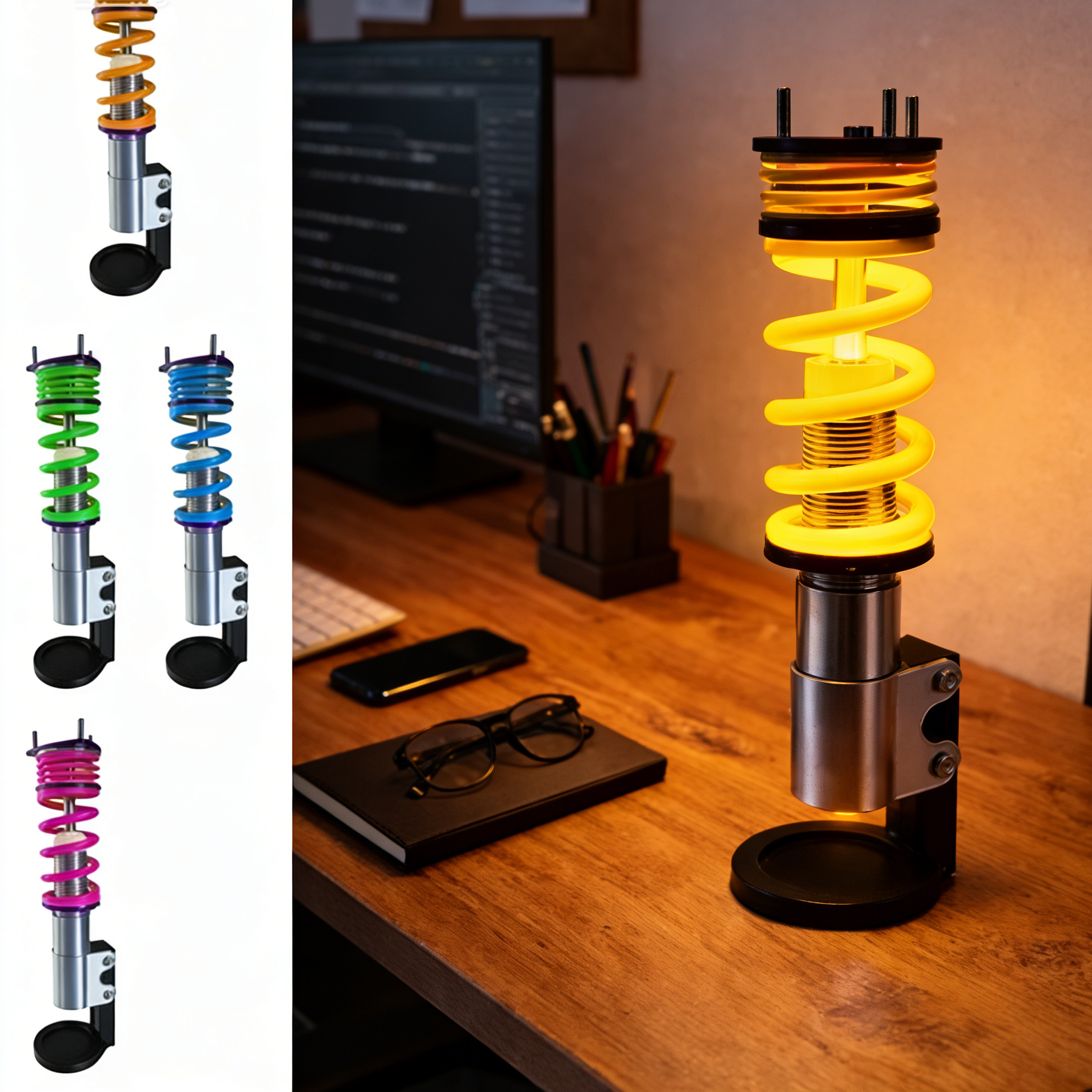 3D Printed Coil Spring LED Desk Lamp – Car Suspension Lamp for Auto Enthusiasts