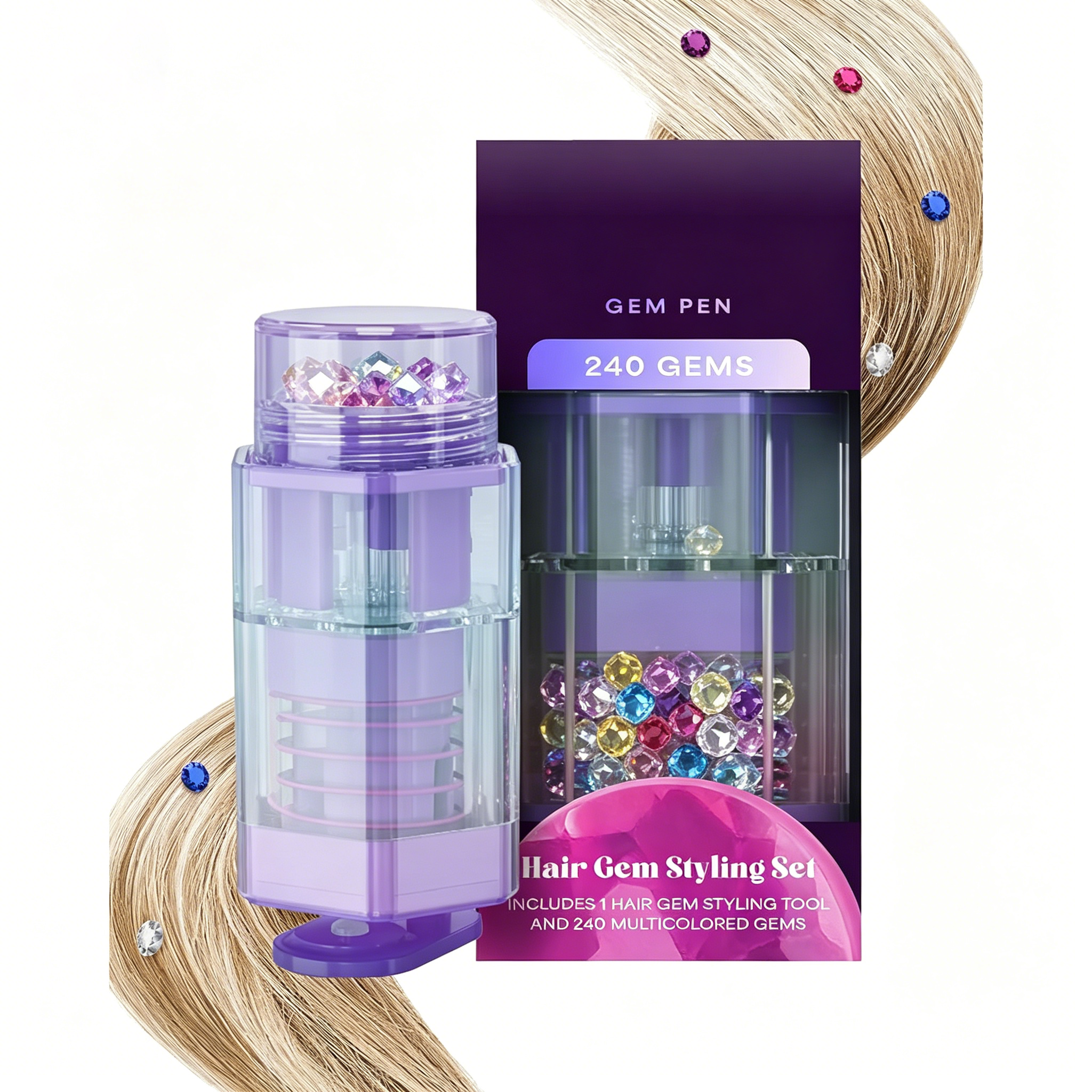 Girls Hair Gems Pen Set – 240 Stick-On Hair Rhinestones with Stamp Tool