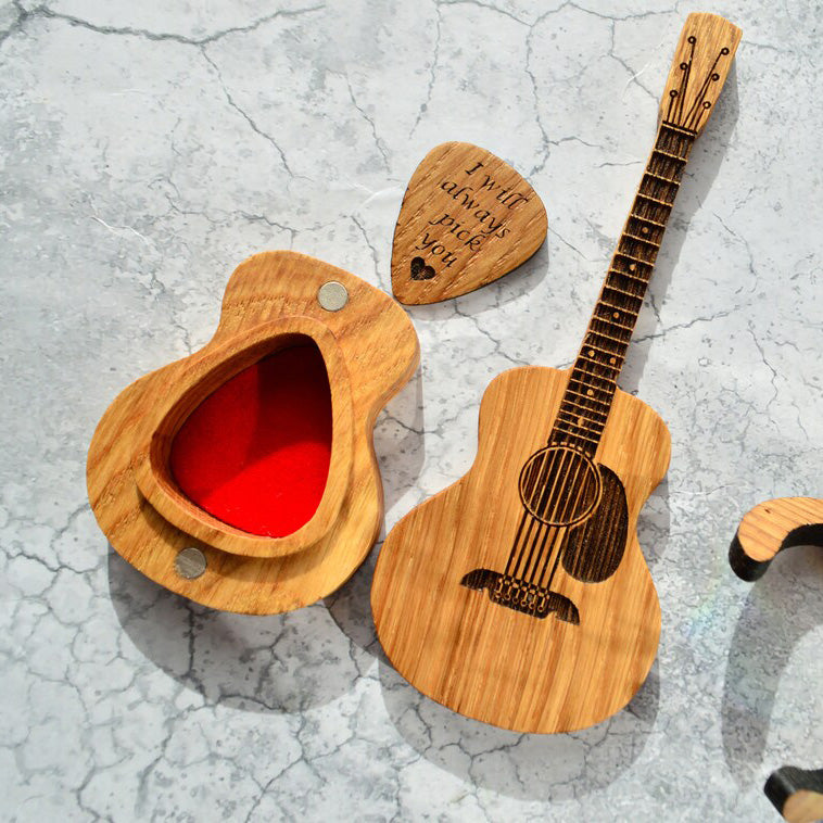Engraved Oak Guitar Pick Storage Box | Personalized Music Gift