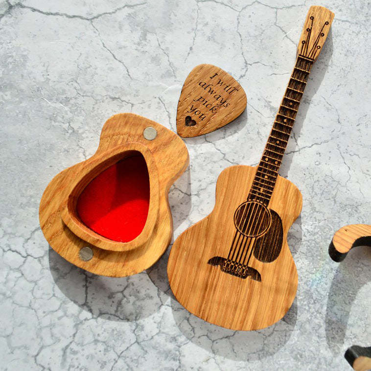 Engraved Oak Guitar Pick Storage Box | Personalized Music Gift