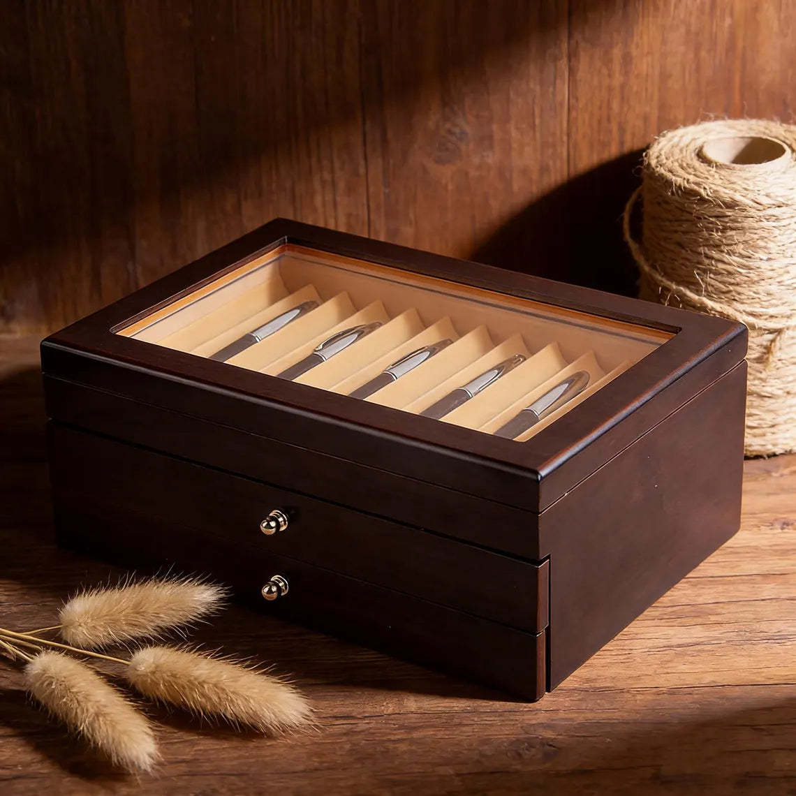 Two Layers 23 Slots Black Pen Case – Custom Wooden Pen Box & Desk Organizer