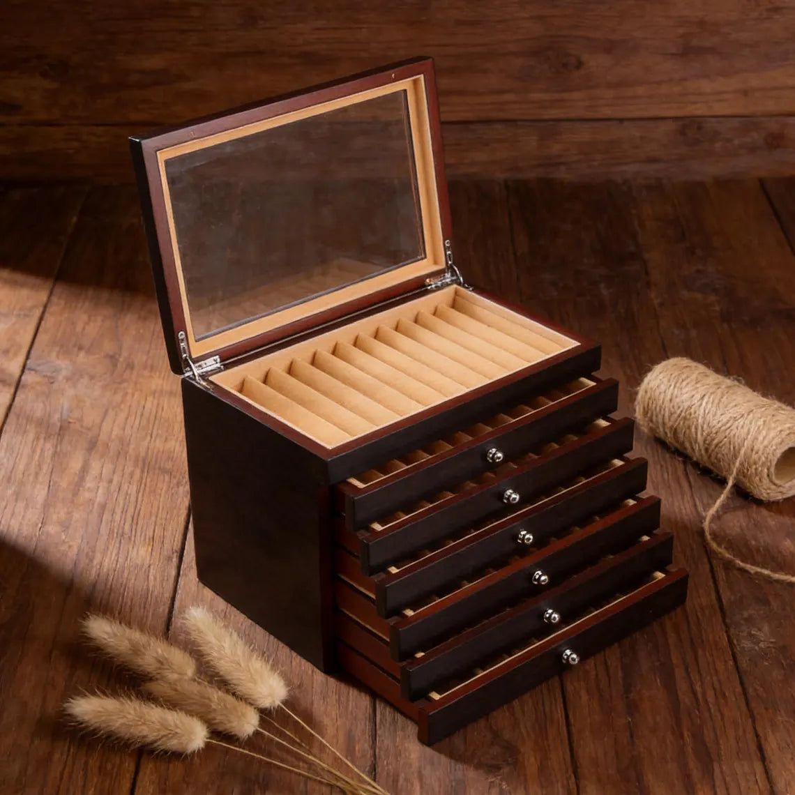 Two Layers 23 Slots Black Pen Case – Custom Wooden Pen Box & Desk Organizer