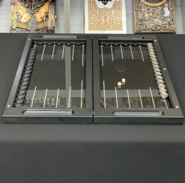 Premium Carbon Fiber Backgammon Set, Luxury Dual-Game Board 64×29cm, Glass & Resin Playing Field with Metal Pieces, Collector Edition Table Game