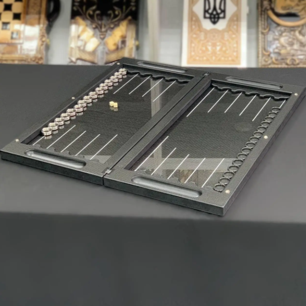 Premium Carbon Fiber Backgammon Set, Luxury Dual-Game Board 64×29cm, Glass & Resin Playing Field with Metal Pieces, Collector Edition Table Game