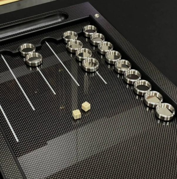 Premium Carbon Fiber Backgammon Set, Luxury Dual-Game Board 64×29cm, Glass & Resin Playing Field with Metal Pieces, Collector Edition Table Game