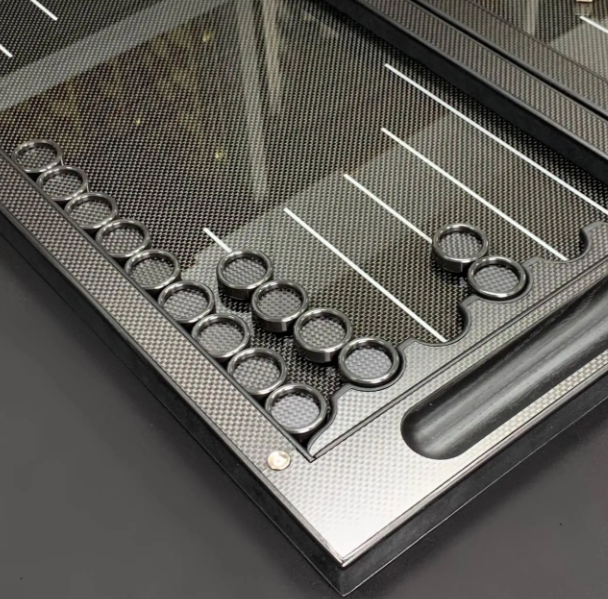Premium Carbon Fiber Backgammon Set, Luxury Dual-Game Board 64×29cm, Glass & Resin Playing Field with Metal Pieces, Collector Edition Table Game