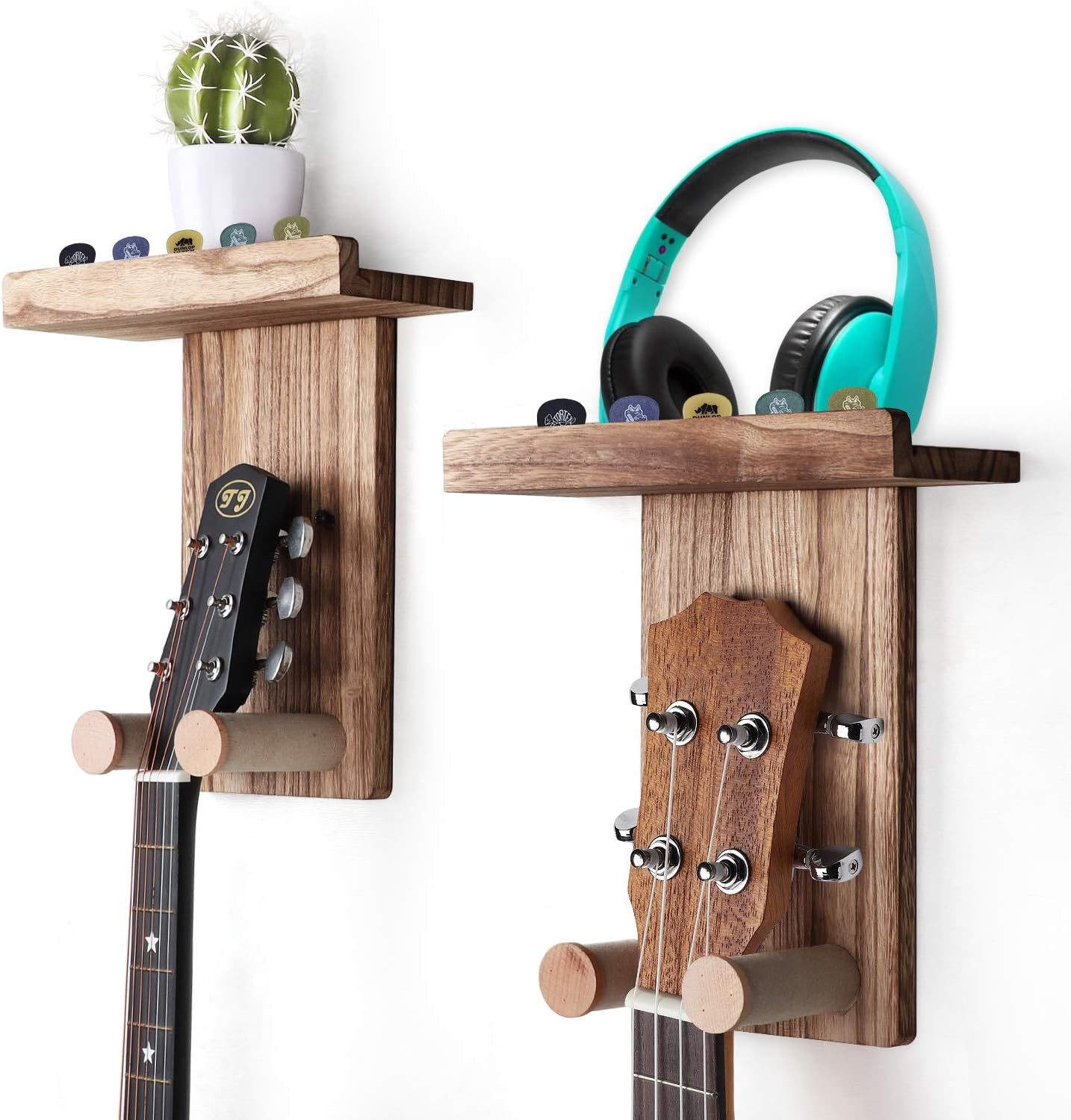 2-Pack Wooden Guitar Wall Mount with Shelf & Pick Holder
