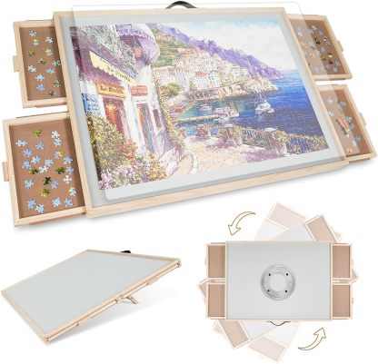 2-in-1 Rotating & Tilting Wooden Puzzle Board for Adults | 2000 Piece Capacity with 4 Drawers & Cover