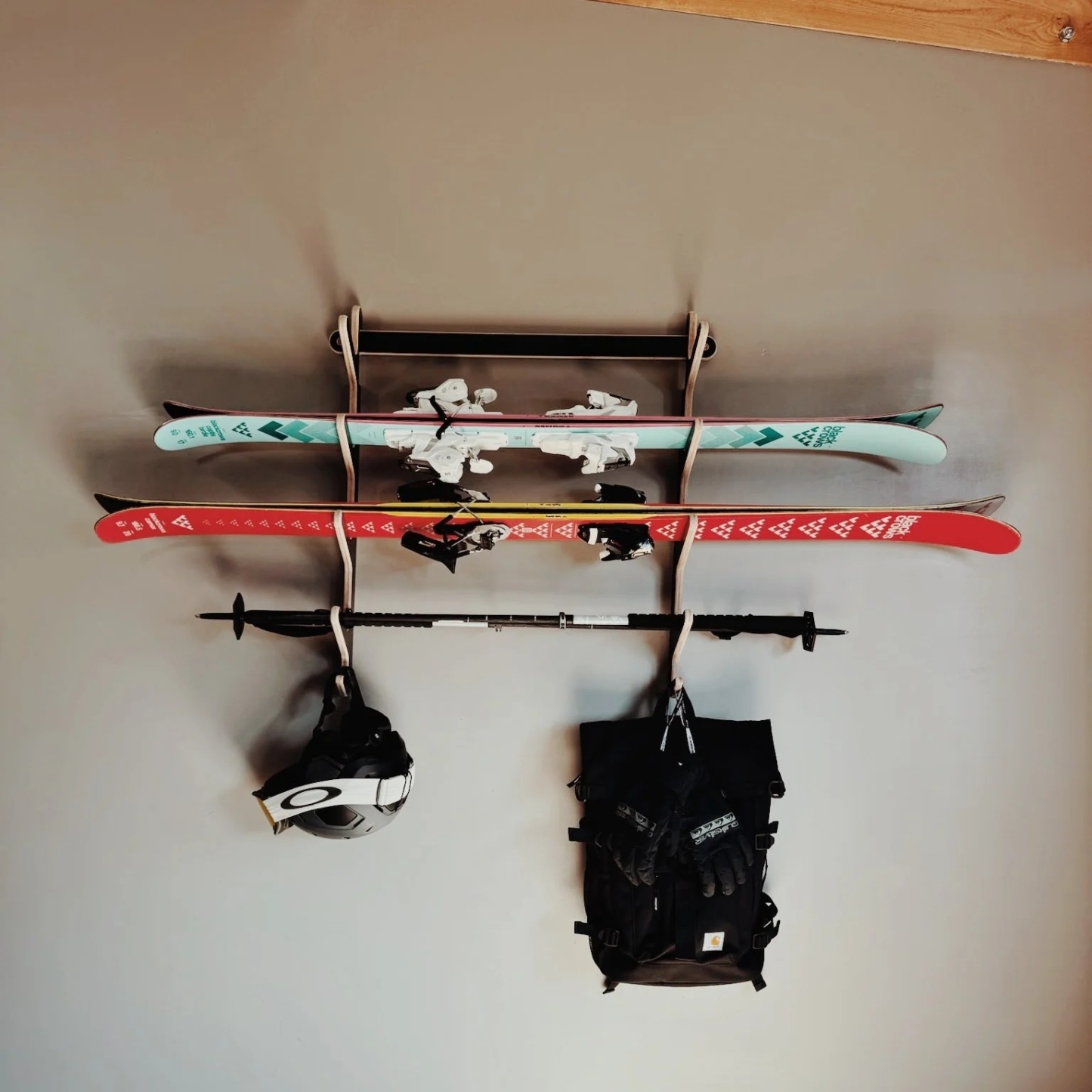 Horizontal Wall-Mounted Ski Rack | Holds 2–4 Pairs with Pole & Helmet Hooks