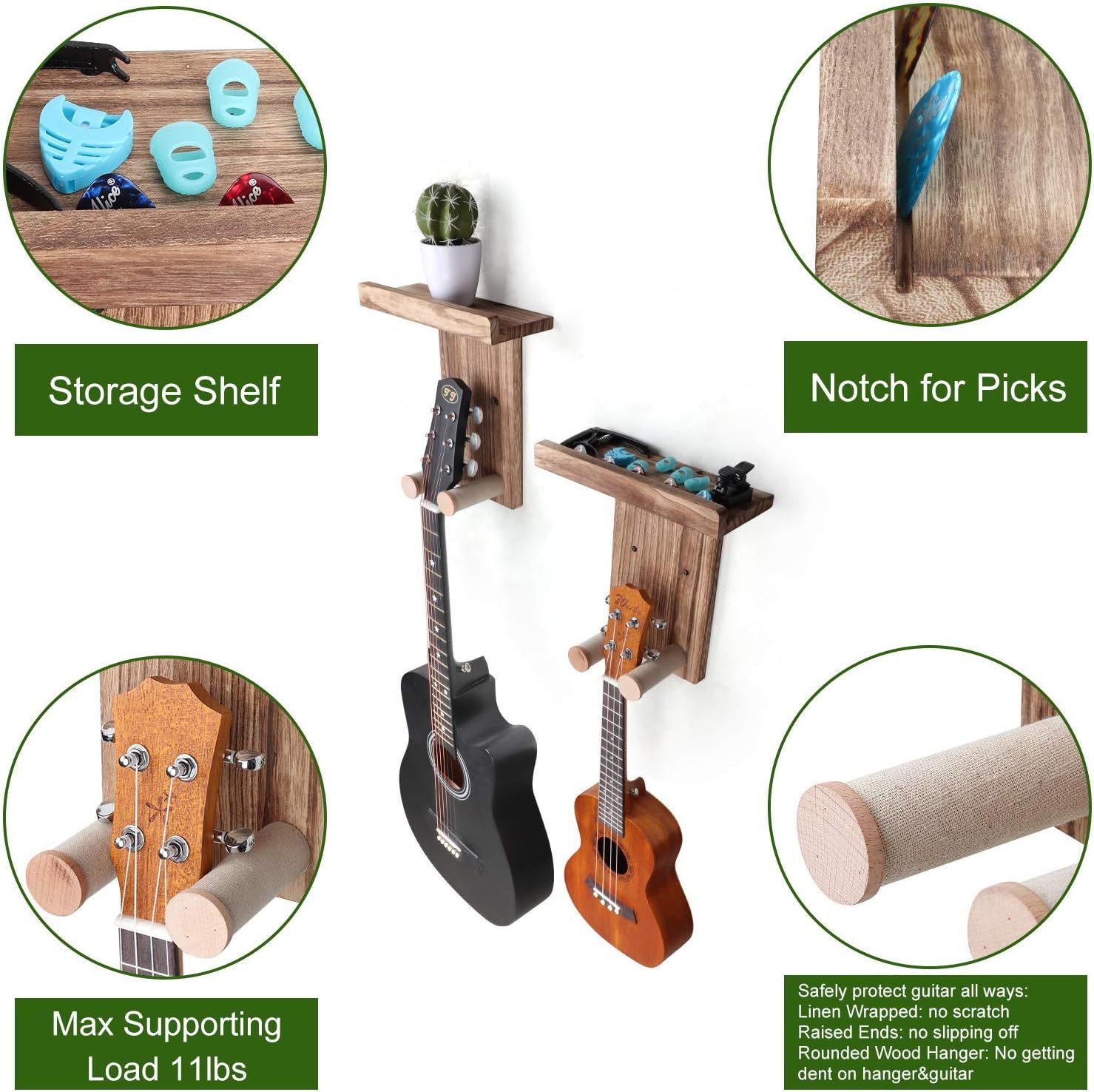 2-Pack Wooden Guitar Wall Mount with Shelf & Pick Holder