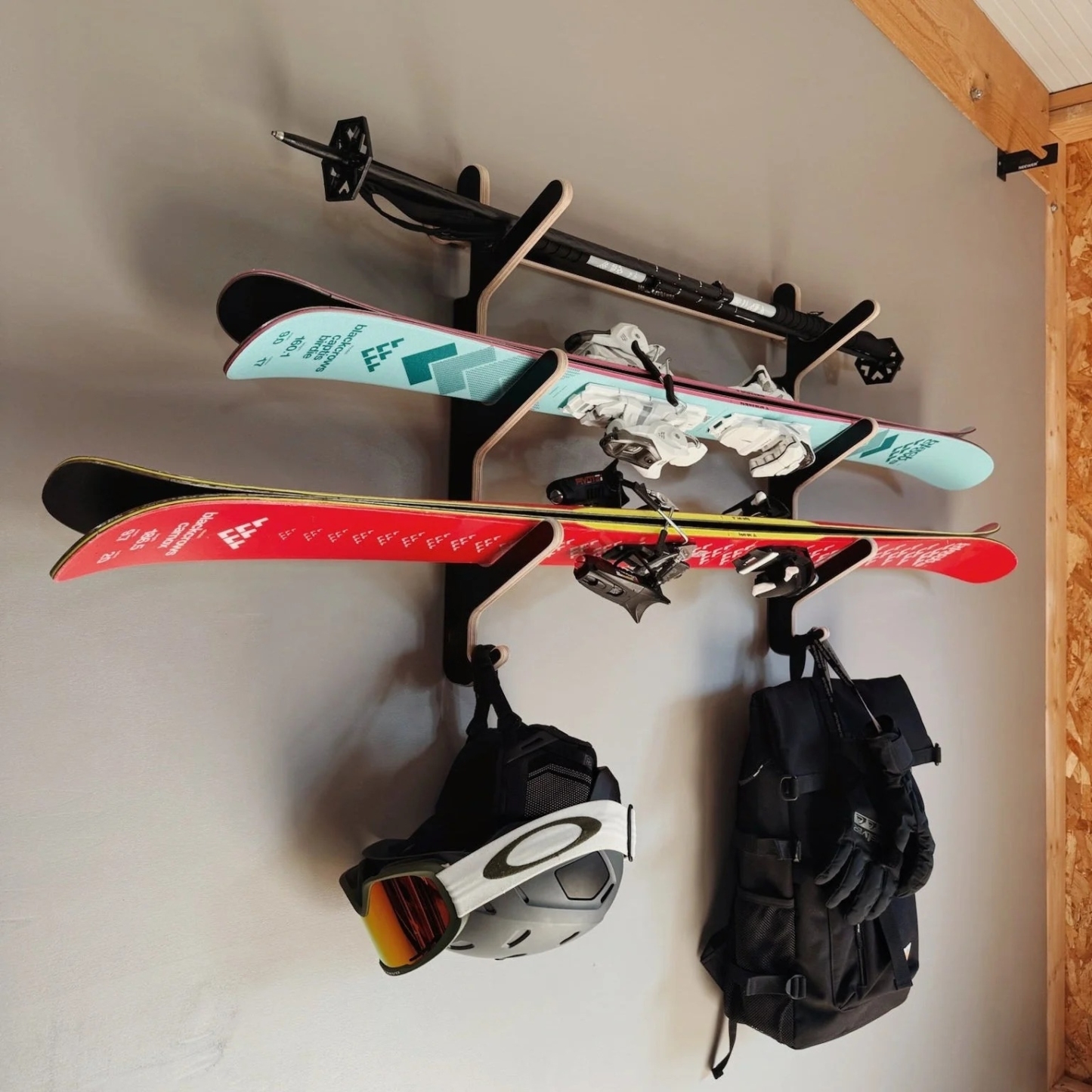 Horizontal Wall-Mounted Ski Rack | Holds 2–4 Pairs with Pole & Helmet Hooks