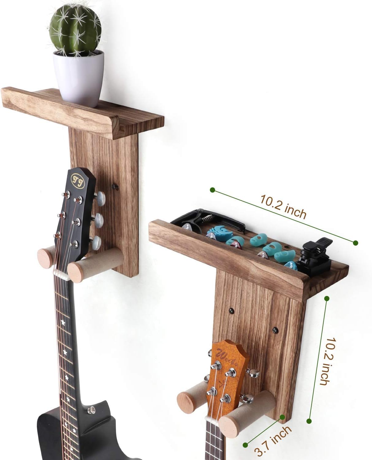 2-Pack Wooden Guitar Wall Mount with Shelf & Pick Holder