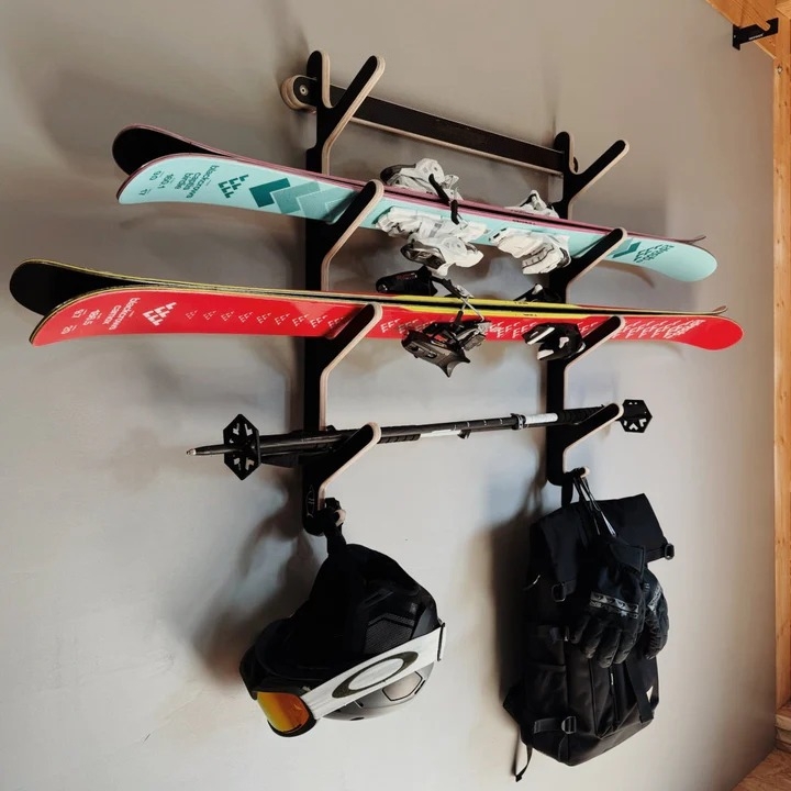 Horizontal Wall-Mounted Ski Rack | Holds 2–4 Pairs with Pole & Helmet Hooks