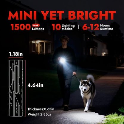 1500-lumen rechargeable LED flashlight with magnetic base and pocket clip