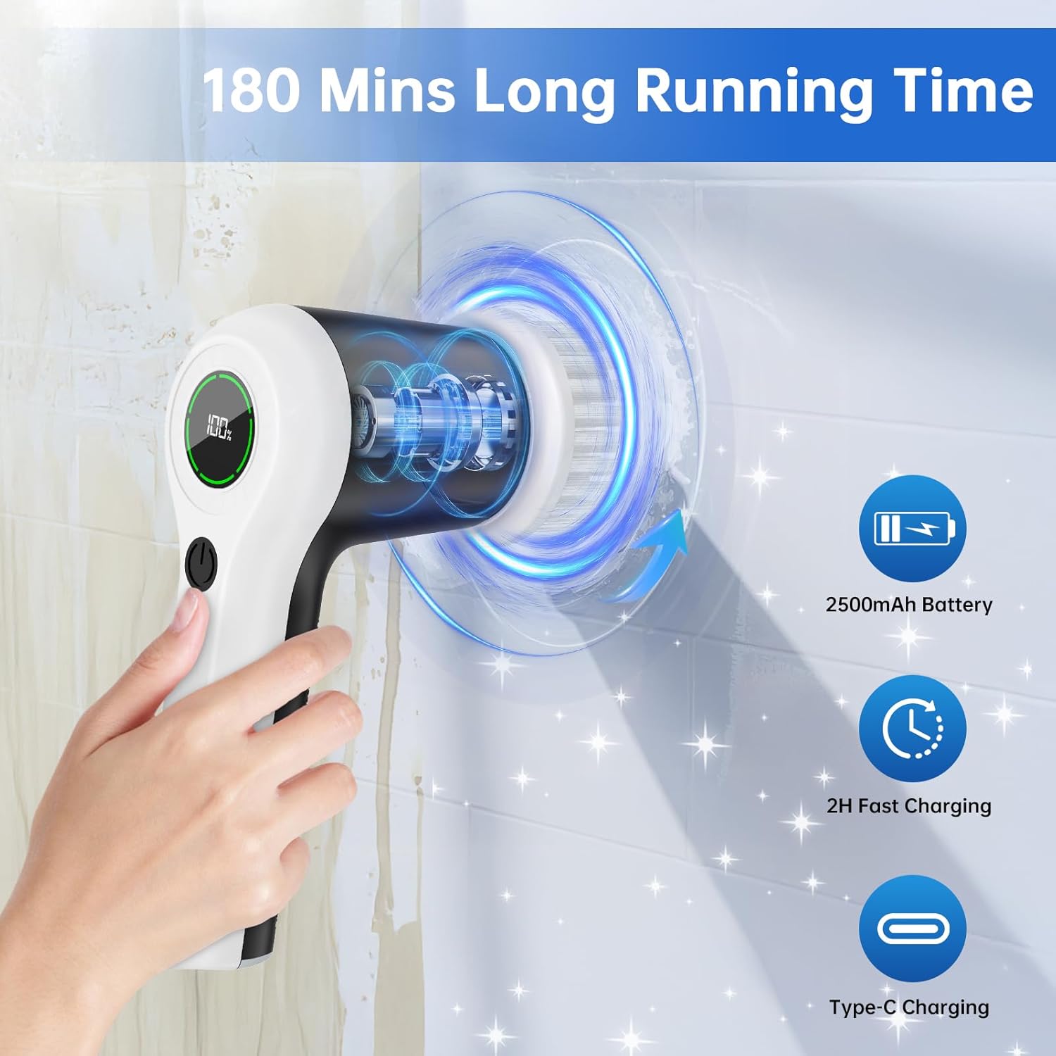 Electric Spin Scrubber – Cordless Shower Scrubber with Battery Level Display