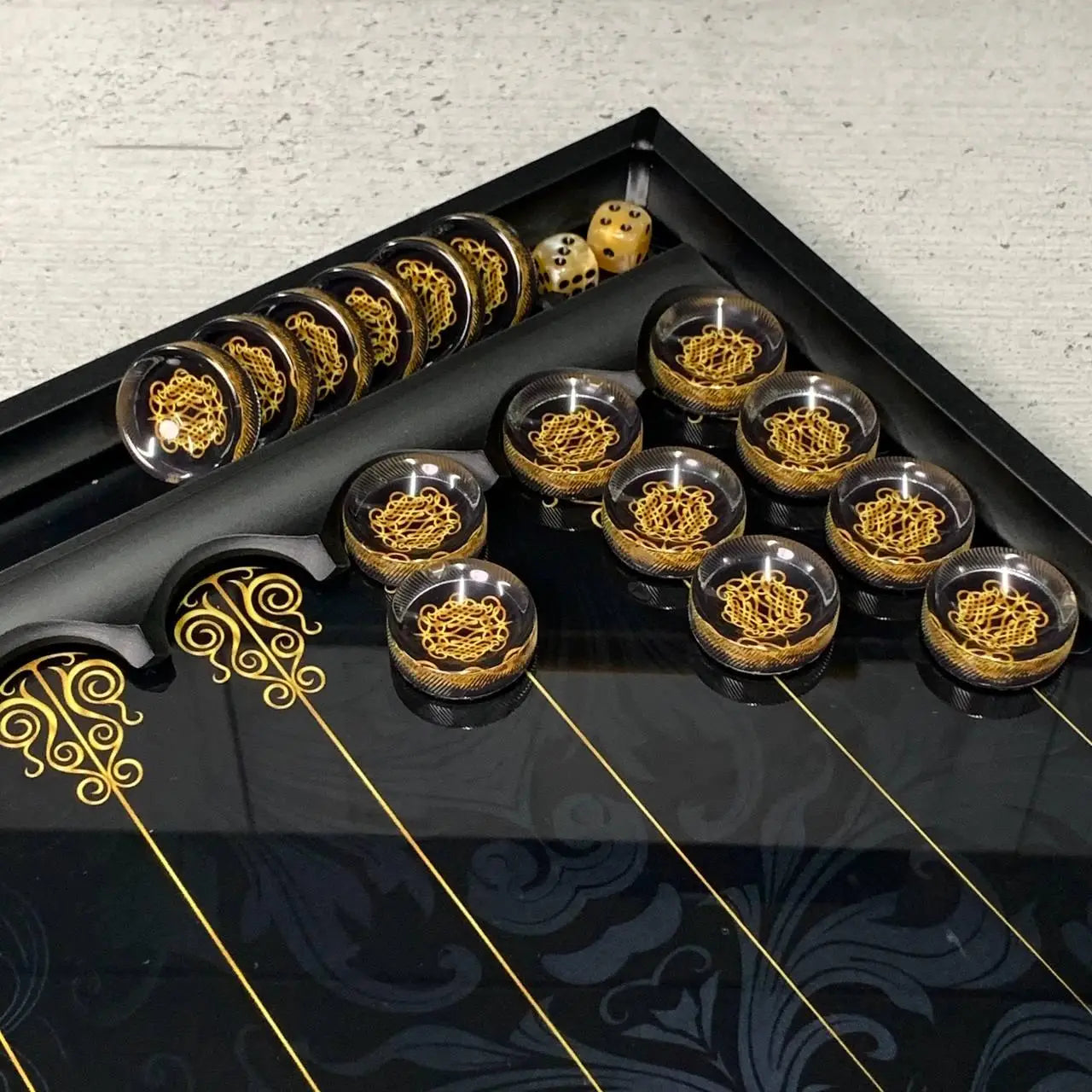 Glass Backgammon Set with Gold Vein Pattern – Elegant Game Board