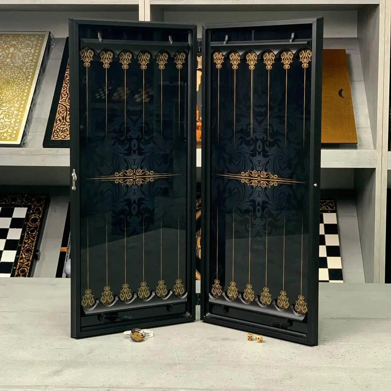 Glass Backgammon Set with Gold Vein Pattern – Elegant Game Board