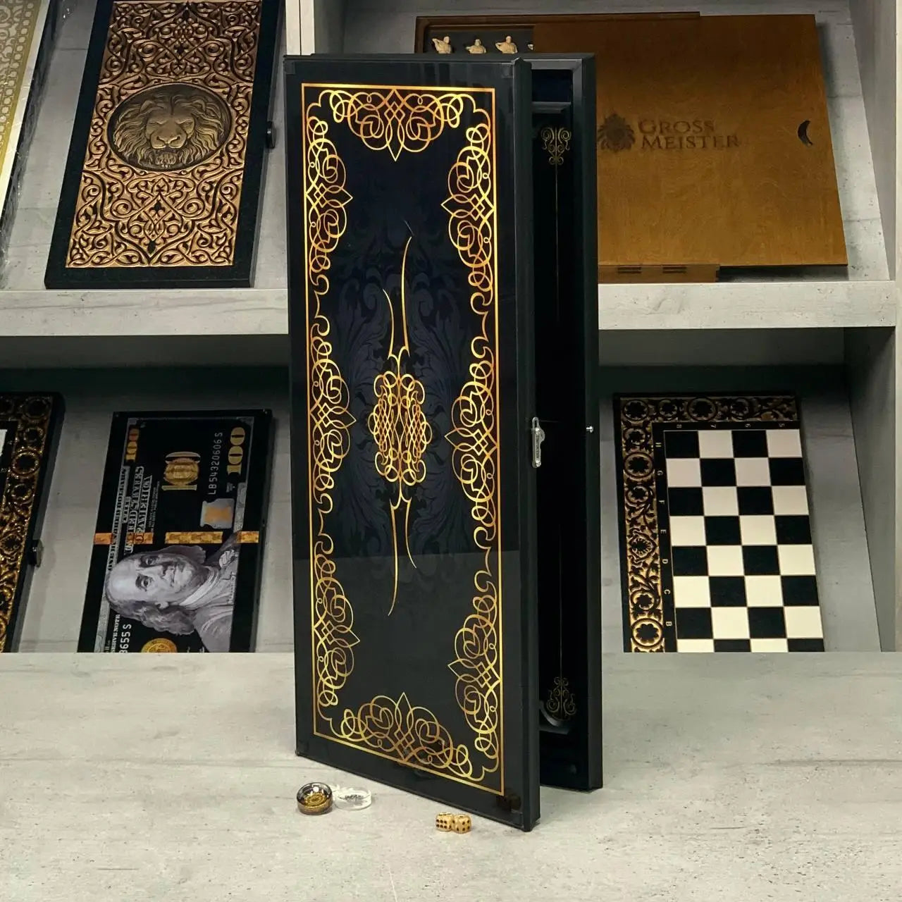 Glass Backgammon Set with Gold Vein Pattern – Elegant Game Board
