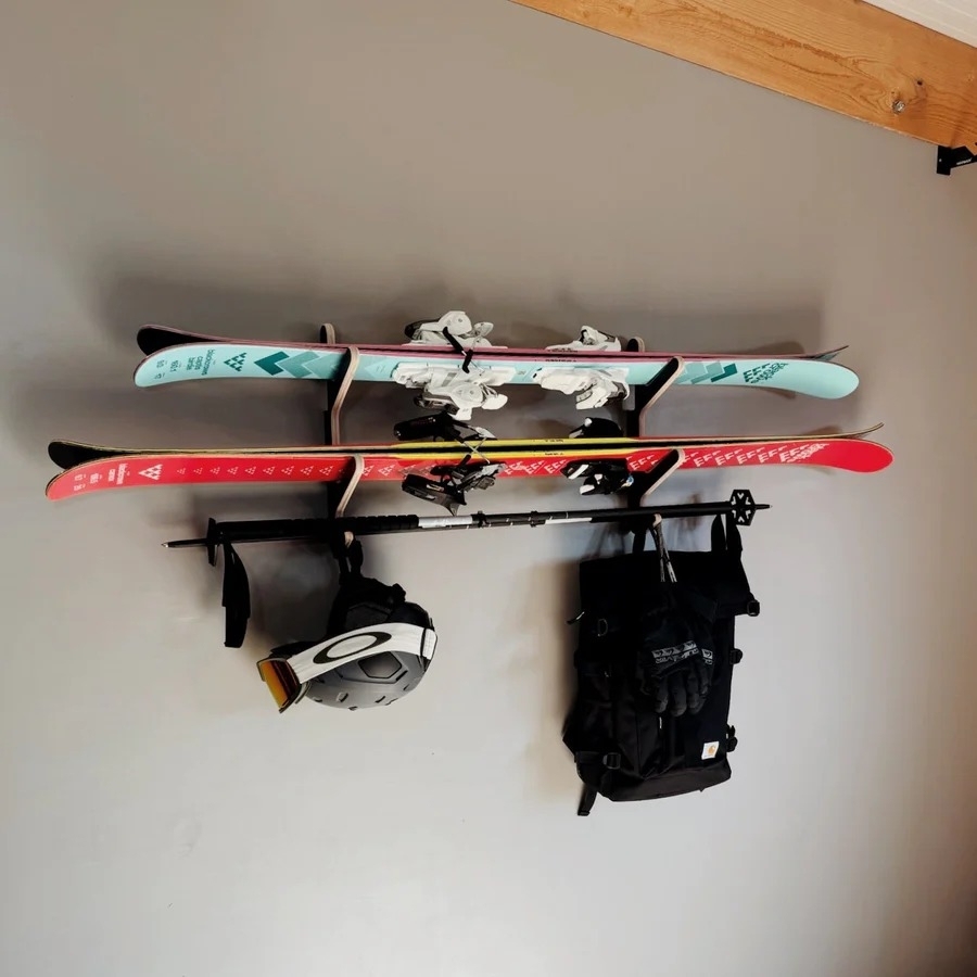 Horizontal Wall-Mounted Ski Rack | Holds 2–4 Pairs with Pole & Helmet Hooks