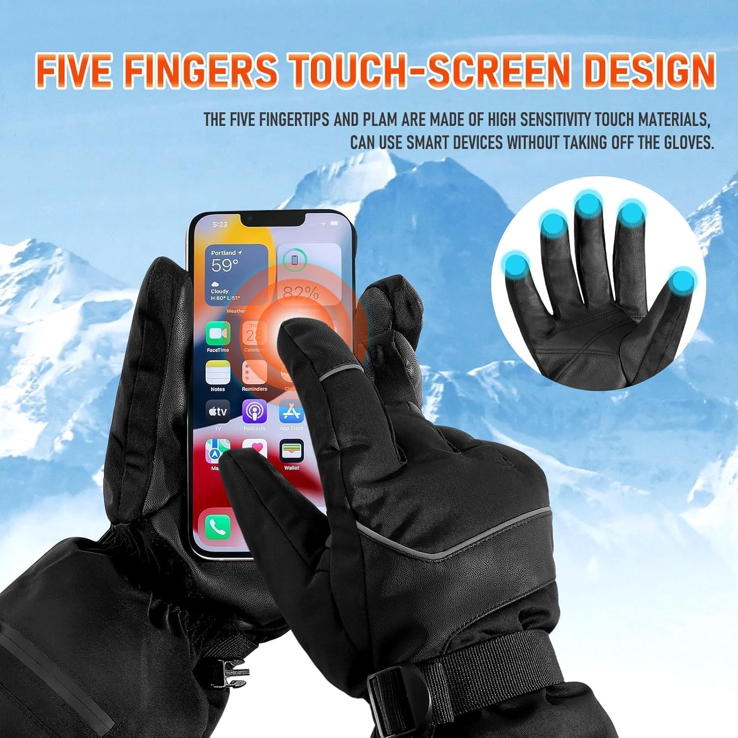 Electric Heated Gloves, Unisex, -40°C Winter Gloves, 3 Heat Settings, Touchscreen Compatible
