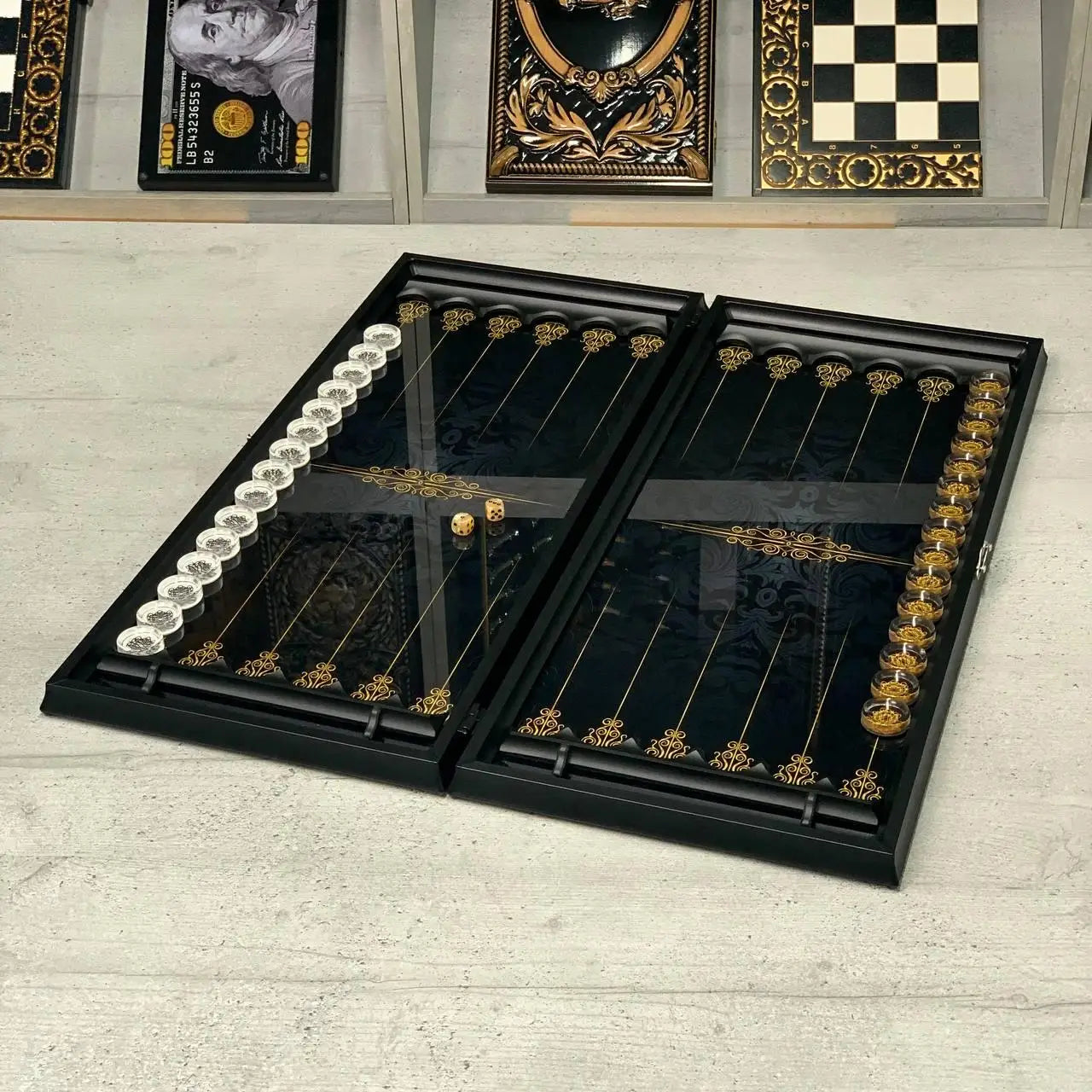 Glass Backgammon Set with Gold Vein Pattern – Elegant Game Board