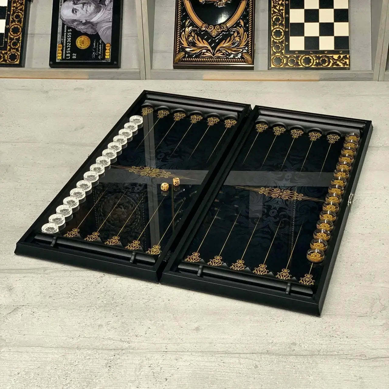 Glass Backgammon Set with Gold Vein Pattern – Elegant Game Board