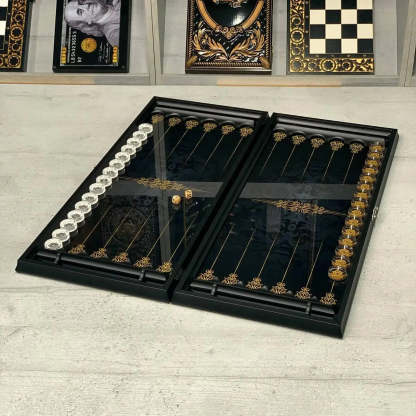 Glass Backgammon Set with Gold Vein Pattern – Elegant Game Board