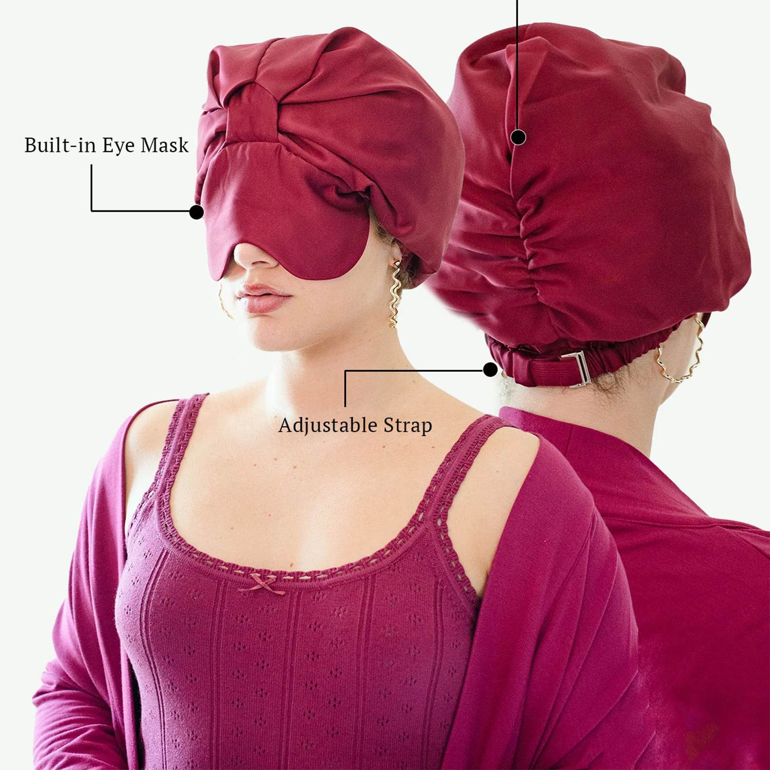 Sleep Cap - Built-in Eye Mask and Double-layered Vegan Satin, Protects Hair and Eyes for Deep Sleep