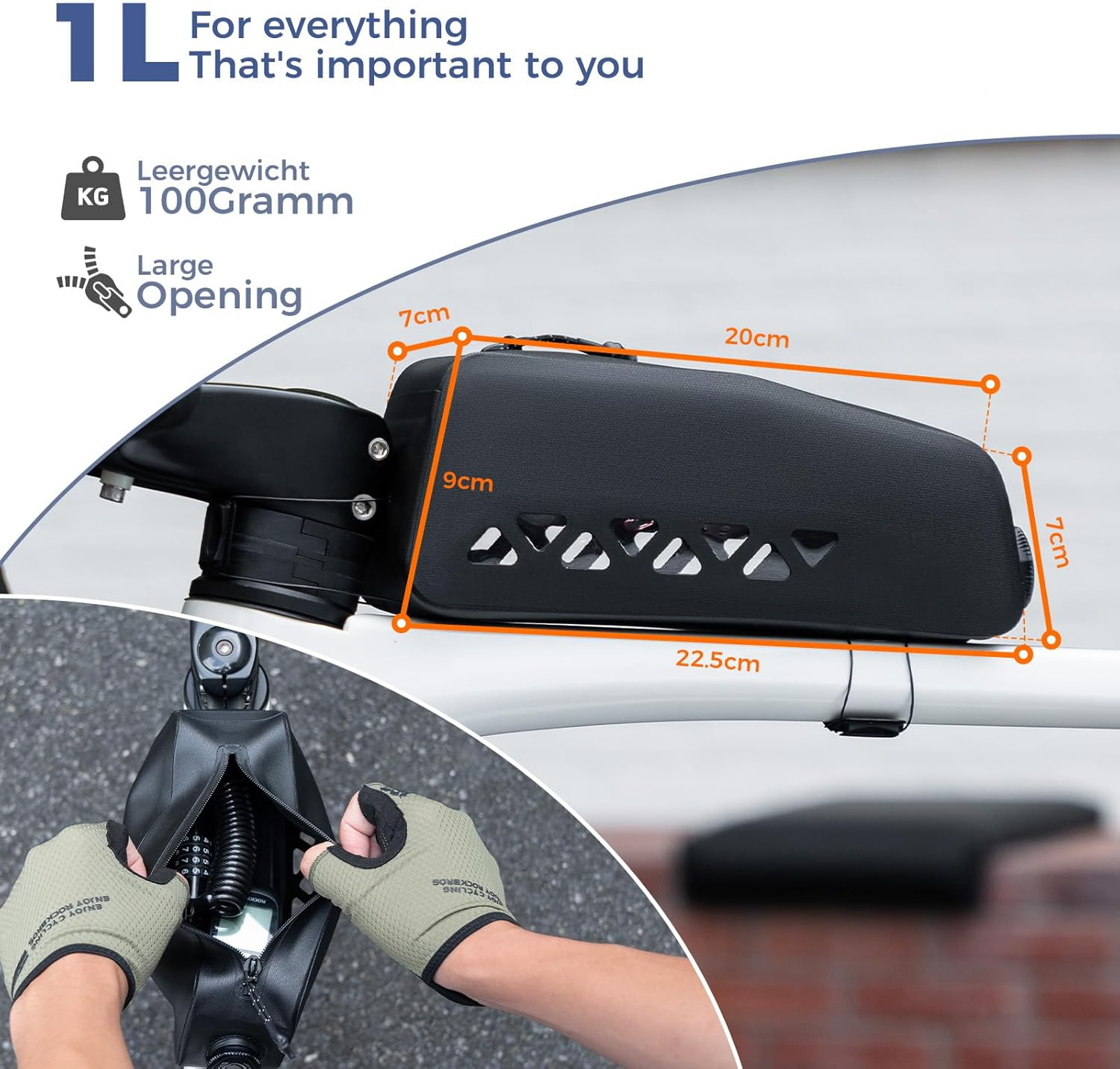 ROCKBROS Road to Sky Fahrrad Rahmentasche 100% Wasserdicht Oberrohrtasche Fahrradtasche für Rennrad MTB Ebikes 1L