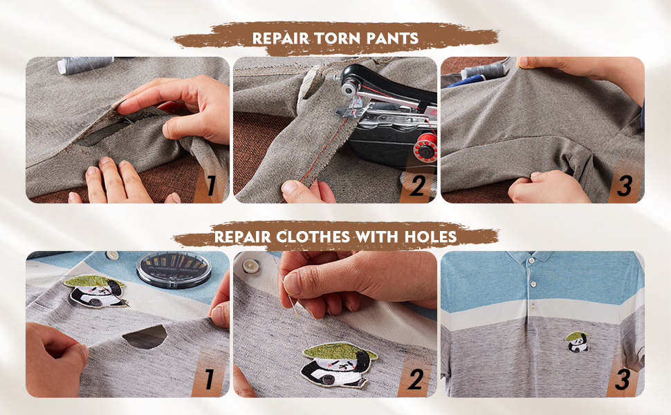 Use a handheld sewing machine to sew pants and mend clothes by hand