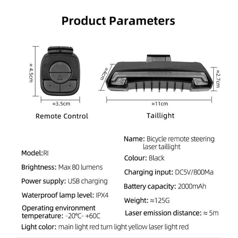 Smart Bike Tail Light with Remote Turn Signals & Laser