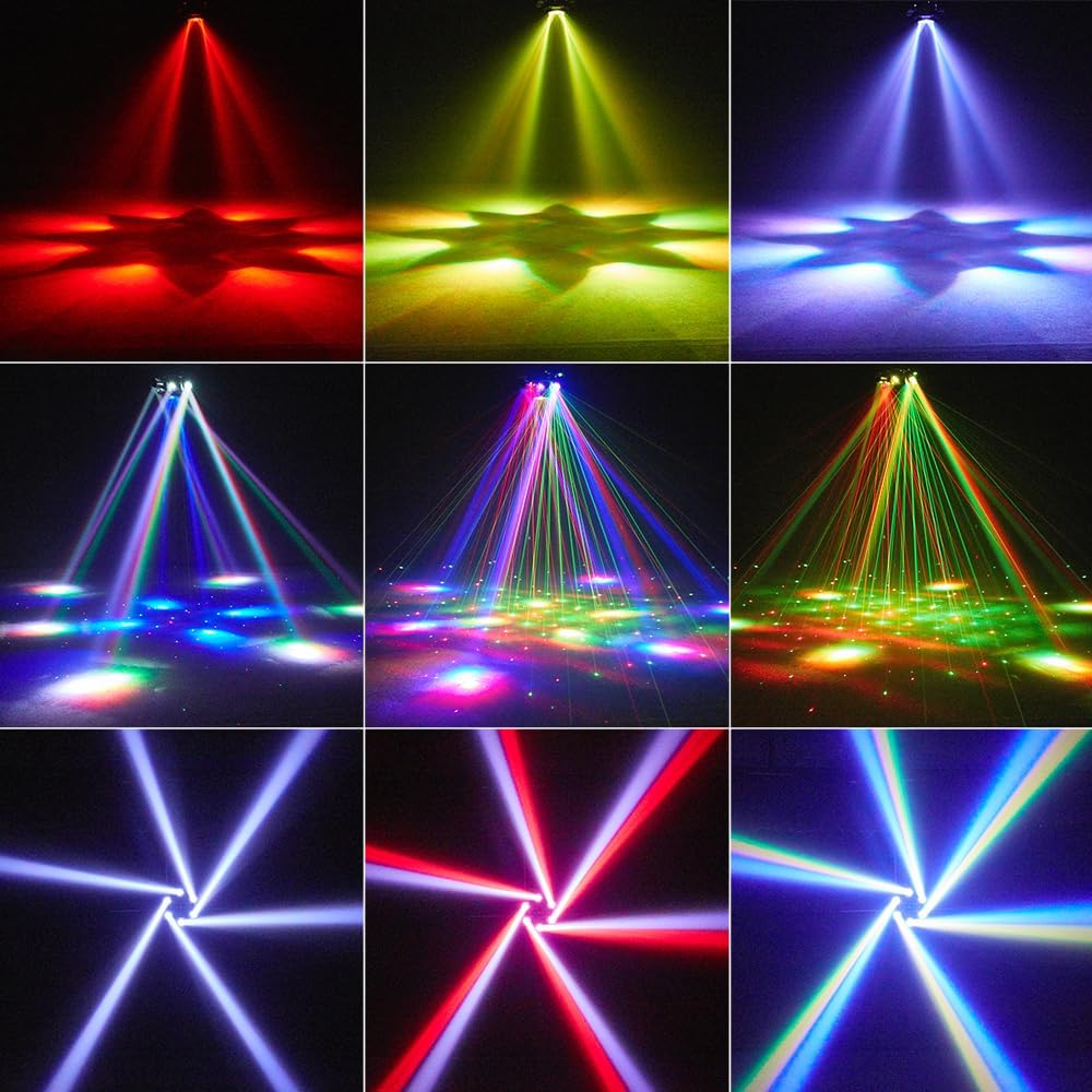 Moving Head DJ Lights, Olaalite 150W LED Stage Light 4-in-1 RGBW with 6 Arms Beam, Bee-Eyes Effect, Red Green Starry, White & Amber Strobe, Perfect DJ Stage Lighting for Party Disco Club Wedding Bar